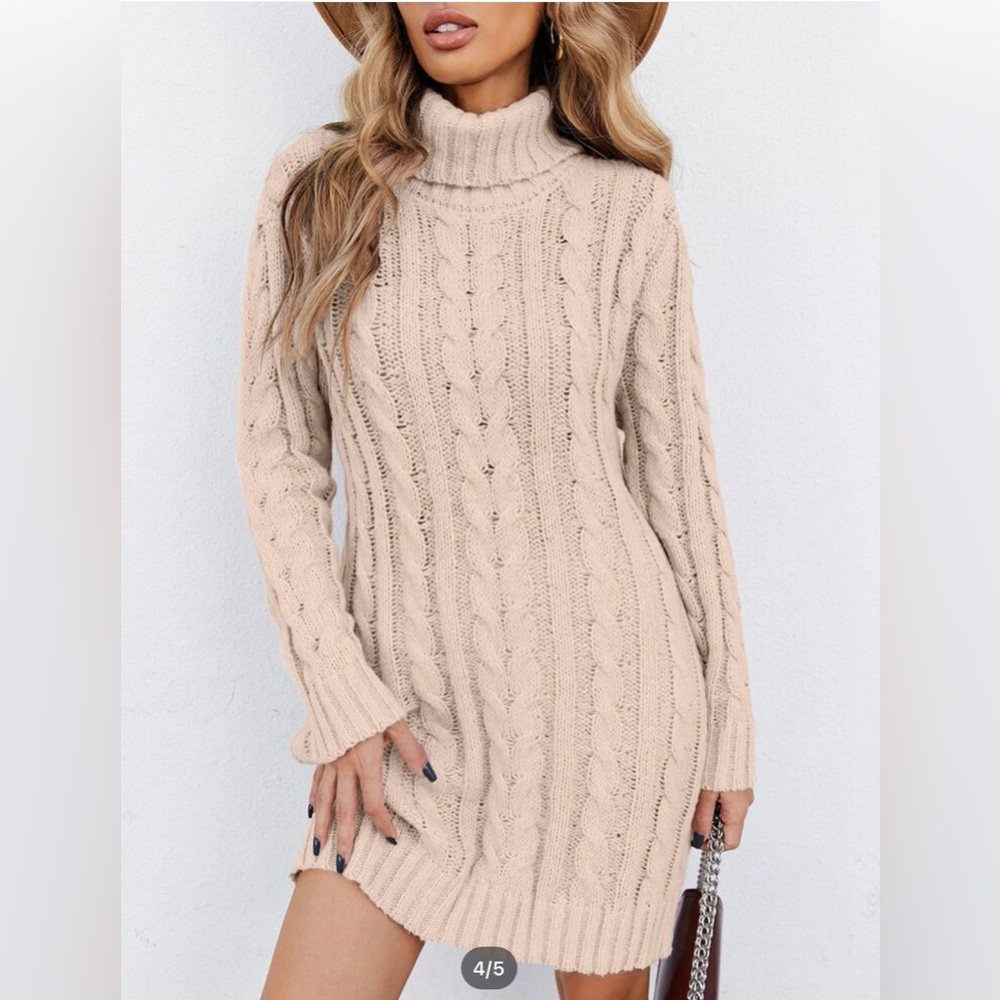 Solid Turtleneck Cable Knit Sweater Dress